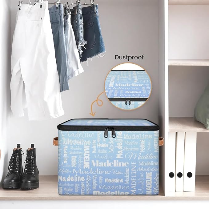 Custom Storage Basket with Name, Personalized Storage Bins with Zipper Lid, Foldable Fabric Storage Box Large capacity with Handle White Blue-CubbioJoy