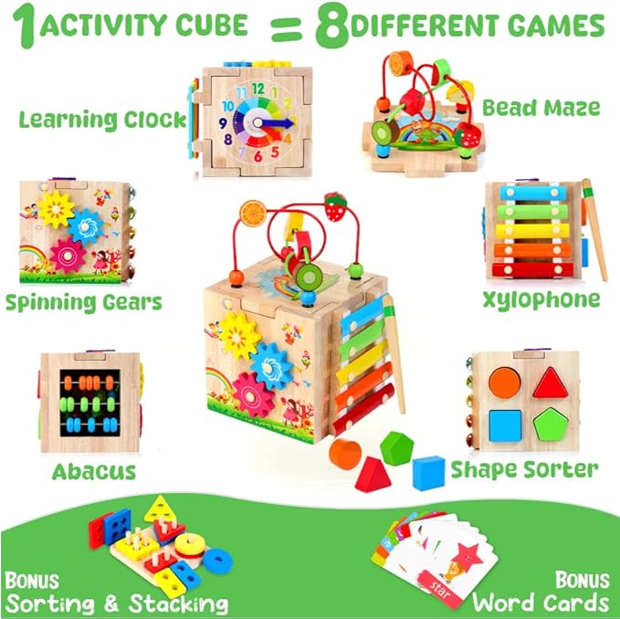 8-in-1 Wooden Baby Activity Cube - Xylophone, Shape Sorter, Abacus| 1st Birthday Gift Toys for One 1 2 3 Year Old Boy Girl | Montessori Educational Learning Toddler Toy| Bonus Sorting & Stacking Board-CubbioJoy