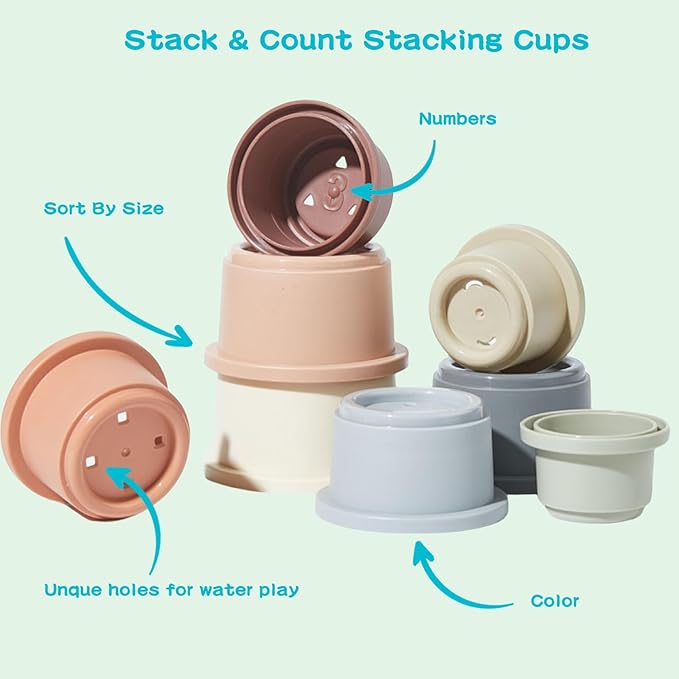 Baby Bath Toys for Kids Ages 1-3, 14 PCS Mold Free Bath Toys for Toddler with Stacking Cups & Bath Spoons, Bathtub Water Toys for Babies 6-12 Months Early Learning Educational Gifts-CubbioJoy