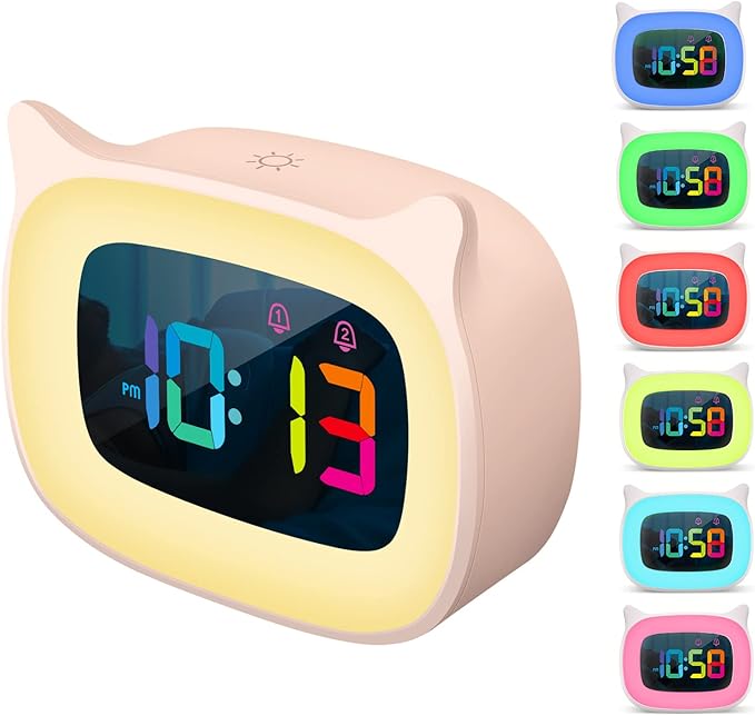 Cute Cat Ear Alarm Clock with RGB 7 Color Night Light & 18 Ringtones,Rechargeable Clock for Kids Bedroom,LED Colorful Digital Display,Bedside Clock for Boys,Girls Birthday Presents(Pink)-CubbioJoy