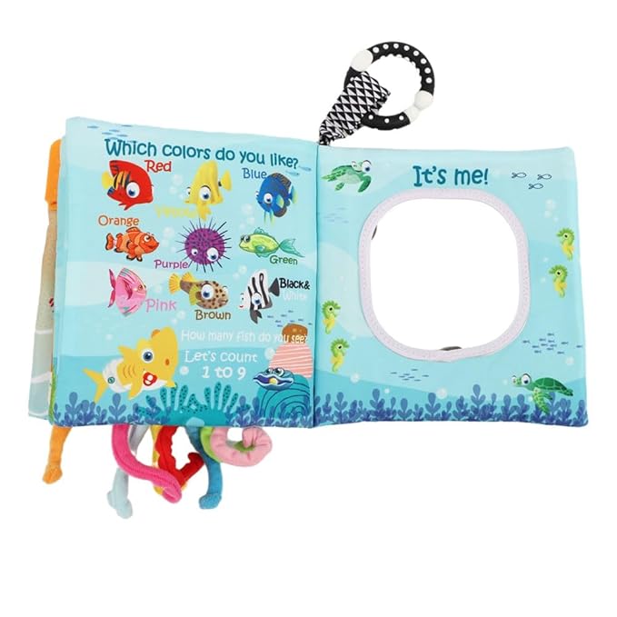 Cloth Crinkle Books for Babies Toddler – Touch and Feel Soft Baby Books, Interactive Early Learning Toys for Infants 0-6-12-18 Months Gift, Teething Toy with Teether, Fish, Octopus, Shark-CubbioJoy