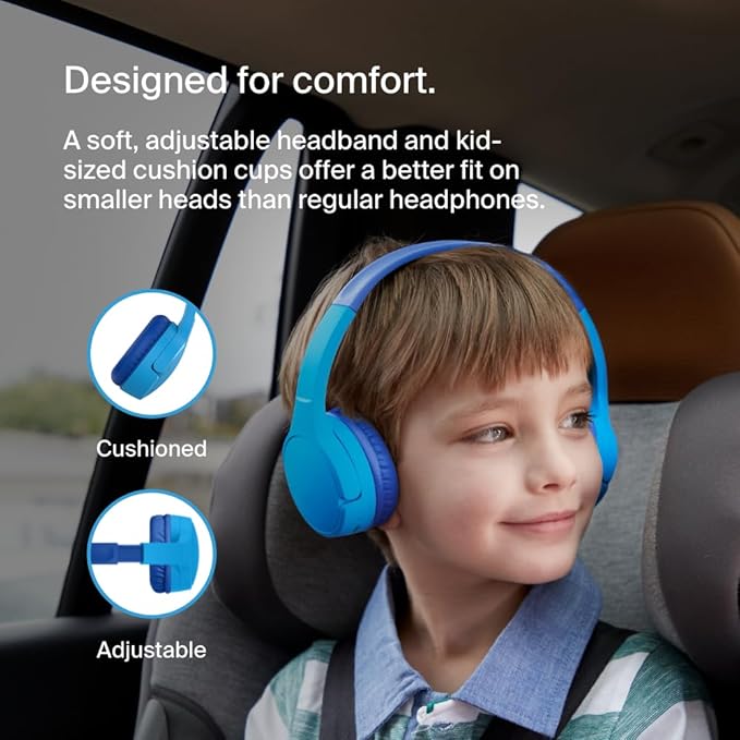 Belkin SoundForm Mini - Wireless Bluetooth Kids Headphones, 30H Battery, 85dB Safe Volume Limit, Built-in Microphone - Toddler On-Ear Earphones for iPhone, iPad - Ideal for School - Blue w/ Case-CubbioJoy