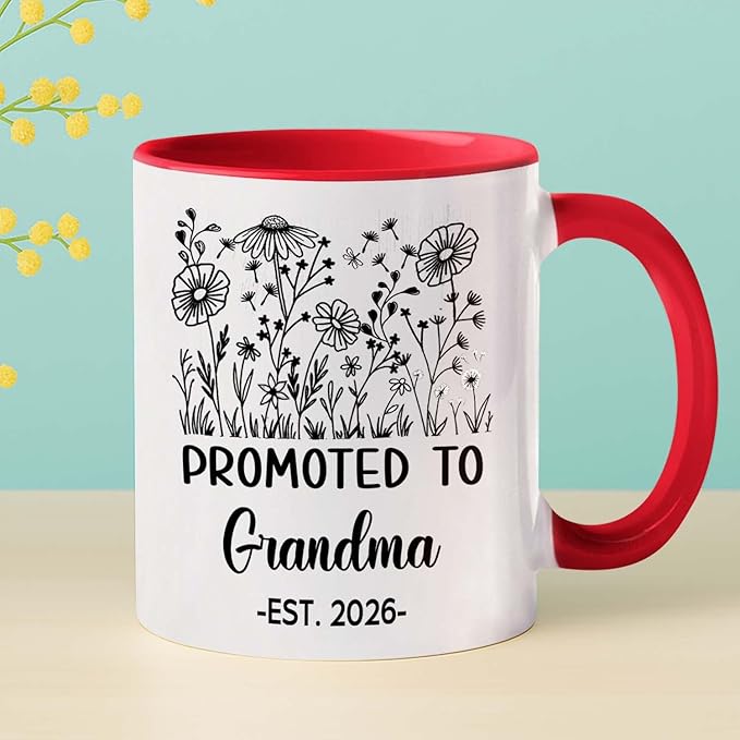 Customized Promoted To Grandma Accent Mug, New Grandma Pregnancy Announcement White Coffee Cup 11 15 Oz, Personalized Grandmother EST 2026 Ceramic Coffee Mug Gift For New Grandmother Nana Gigi Mimi-CubbioJoy
