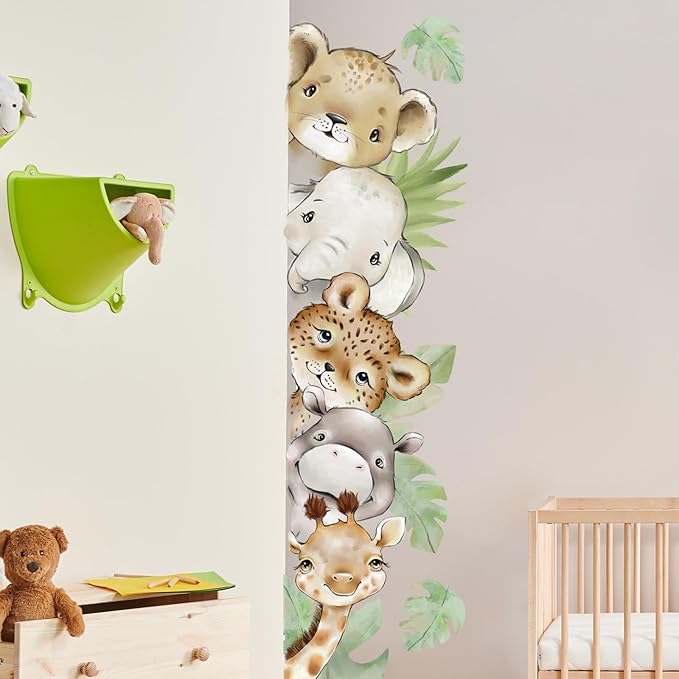 55.12 x 15.75 InchWatercolor Jungle Animal Wall Decals Tiger Elephant Zebra Giraffe Hippo Forest Wall Stickers Removable Peel and Stick Stickers for Baby Nursery Playroom Bedroom Classroom-CubbioJoy