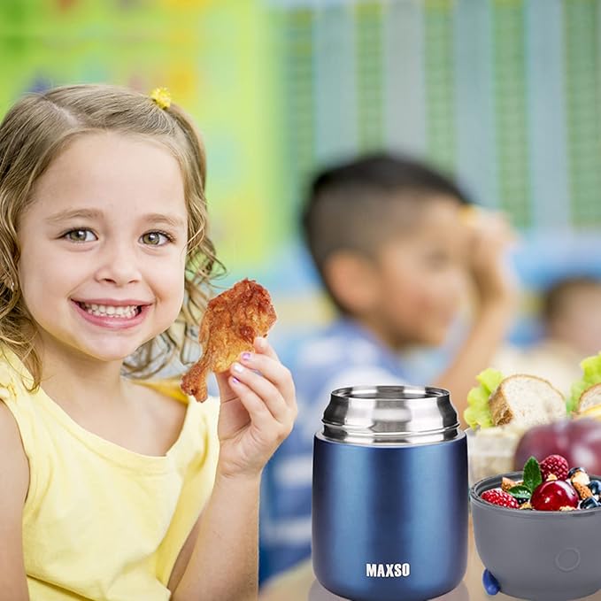 Insulated Thermo Food Jar for Hot & Cold Food for Kids Adult, 17 oz Soup Thermal Hot Food Containers for Lunch, Triple Layer Insulation Stainless Steel Food Jar with Spoon(Blue)-CubbioJoy