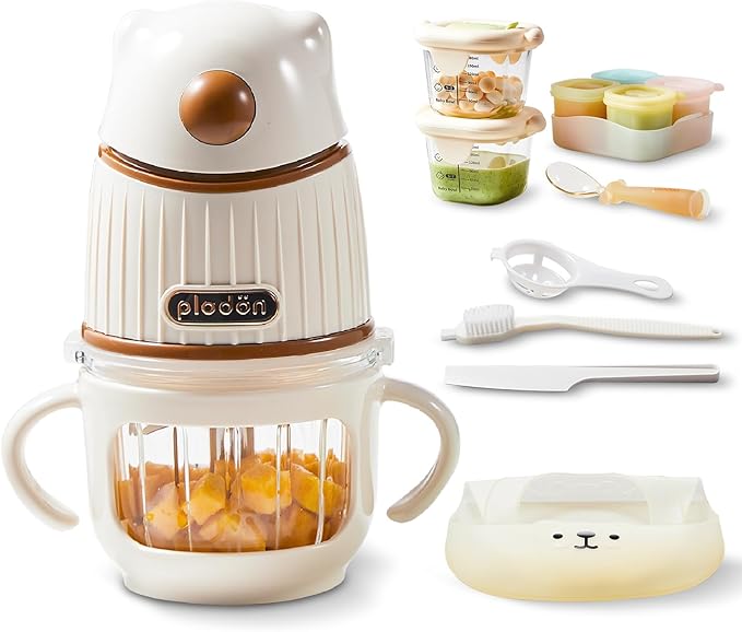 Baby Food Maker-Food Processor, Fruits, Vegetables, Meats, Potatoes, Avocados, Gift Package with A feeding spoon, A bib, A set of 4 separate food ice cube trays, and Two 200ml food storage-CubbioJoy