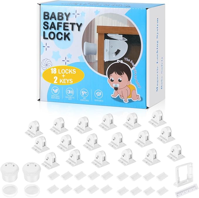 18 Pack Magnetic Cabinet Locks for Child Safety, Drawer Locks Baby Proofing, Magnetic Door Safety Locks for Cabinets and Drawers, Easy Installation No Tools Required (18 Pack and 2 Keys)-CubbioJoy