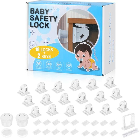 18 Pack Magnetic Cabinet Locks for Child Safety, Drawer Locks Baby Proofing, Magnetic Door Safety Locks for Cabinets and Drawers, Easy Installation No Tools Required (18 Pack and 2 Keys)-CubbioJoy