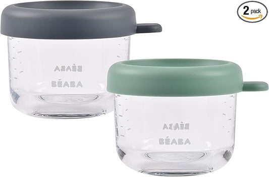 Beaba 2 Pack Glass Baby Food Jars, Freezer, Sterilizer, and Dishwasher Safe, 5 oz Baby Food Storage Jars with Silicone Air Tight Lid, Mineral/Sage-CubbioJoy