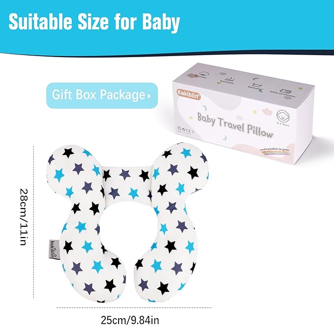KAKIBLIN Baby Neck Pillow, Upgraded Baby Support Pillow, Head Pillows for Carseat, Newborn Neck Support for Car Seat,Pushchair,Travel (White Star)-CubbioJoy