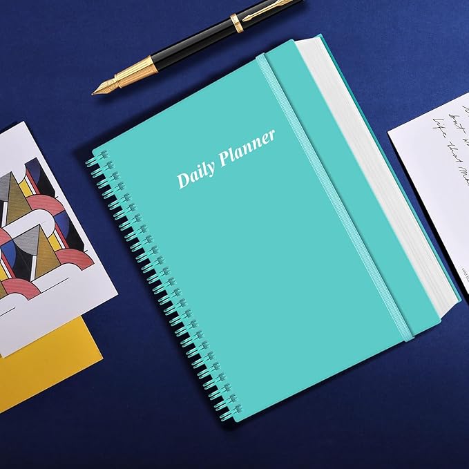 Daily Planner Undated - A4 To Do List Notebook Hourly Schedules, Spiral Appointment Planner for Women and Men,PVC Hardcover, Inner Pocket, Elastic Closure, 8.5" x 11", Teal-CubbioJoy