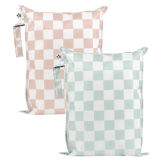 Tiny Twinkle Mess-Proof Waterproof Wet Dry Bag | 2-Pack Reusable Wet Bags for Swimsuits & Baby Clothes | Leakproof Wet Bag for Travel & Diaper Changes for Baby (Unisex Checkers)-CubbioJoy