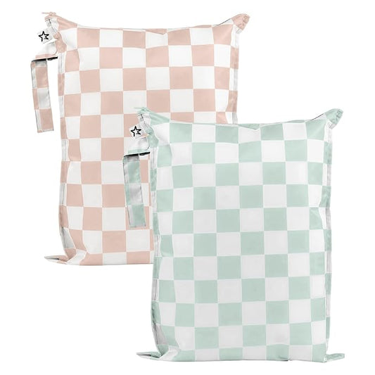 Tiny Twinkle Mess-Proof Waterproof Wet Dry Bag | 2-Pack Reusable Wet Bags for Swimsuits & Baby Clothes | Leakproof Wet Bag for Travel & Diaper Changes for Baby (Unisex Checkers)-CubbioJoy