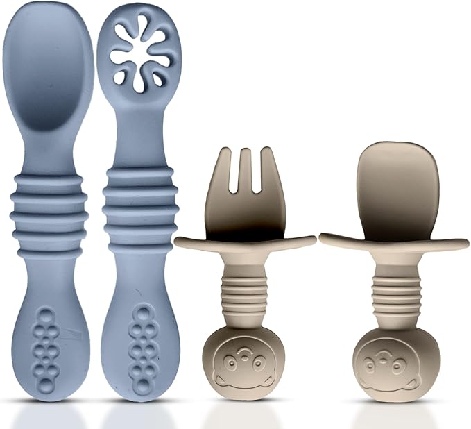 4pc Silicone Baby Spoons Self Feeding Baby Utensils 6-12 Months - 3 Baby Spoon - 1 Baby Fork - Toddler Cutlery Set - BPA Free, Dishwasher Safe - Baby Eating Essentials (Gray/Beige)-CubbioJoy