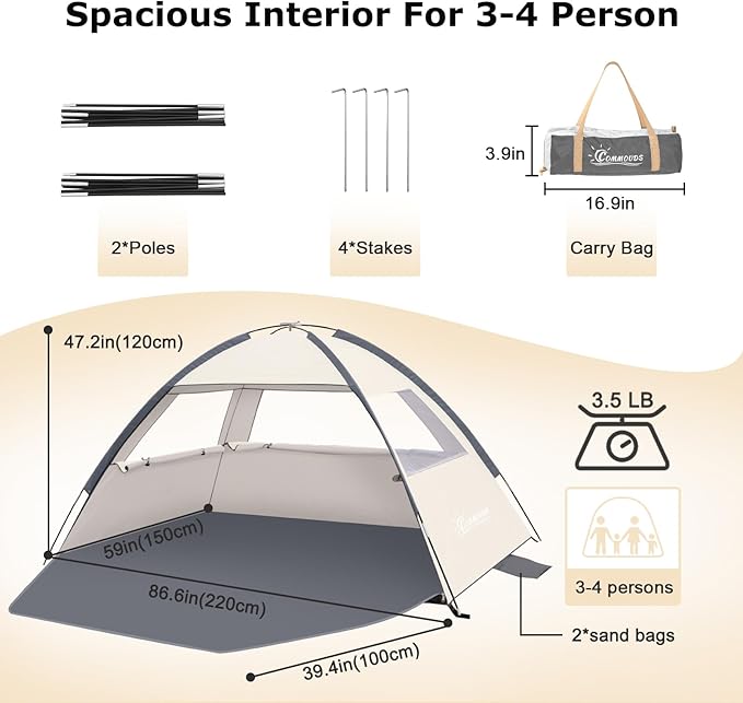 COMMOUDS Beach Tent Sun Shade for 3/4-5/6-7/8-10 Person, UPF 50+ Beach Sun Shelter Canopy Tent, Lightweight, Easy Set Up and Carry-CubbioJoy