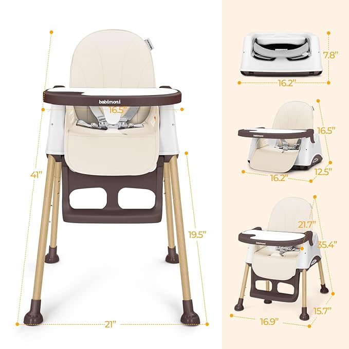 3 in 1 High Chairs for Babies and Toddlers, Convertible High Chair, High Chair with Foot Rest and Double Tray, Easy to Clean, Compact and Versatile, Perfect for Growing Kids, Cream-CubbioJoy