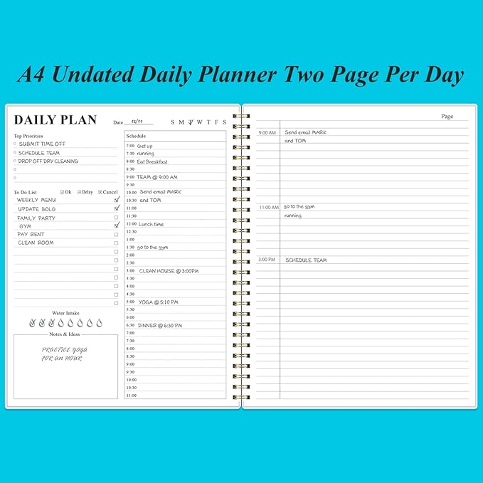 Daily Planner Undated - 8.5" x 11" To Do List Notebook Hourly Schedules, 150 Sheets/300 Pages Spiral Appointment Planner for Women and Men ,PVC Hardcover, Inner Pocket, Elastic Closure, Blue-CubbioJoy