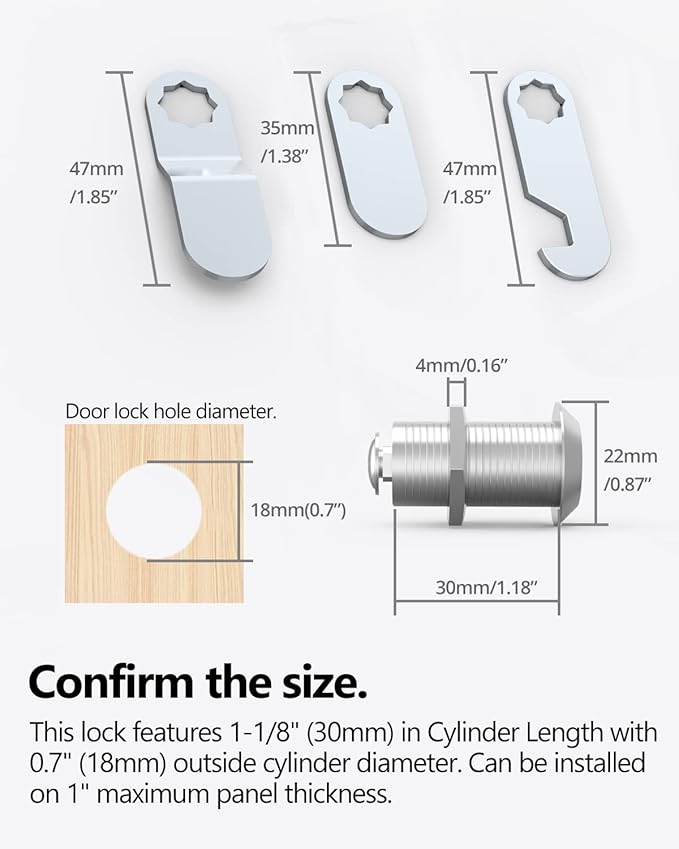 8 Packs Drawer and Cabinet Locks (Keyed Different) Secure Important Files, 1-1/8Inch 30mm Cam Locks with 3 pcs Different Lock Plates for Cabinet Cupboard File Drawer Mailbox Dresser Kitchen-CubbioJoy