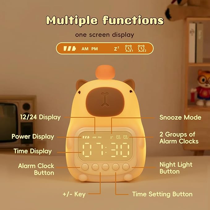 Capybara Alarm Clock with Night Light for Kids, Cute Alarm Clocks for Bedrooms Ok to Wake Clocks, Silicone Animal Tabletop Lamp for Teen Girls Boys-CubbioJoy