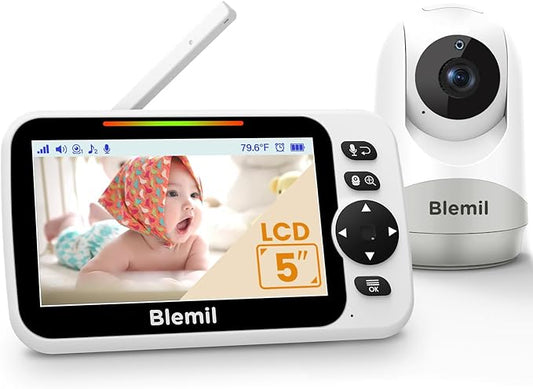 Baby Monitor with 30-Hour Battery, 5" Large Split-Screen Video Baby Monitor with Camera and Audio, 3500mAh Battery, Remote Pan/Tilt/Zoom Camera, Two-Way Talk, Night Vision, Lullabies, No WiFi-CubbioJoy