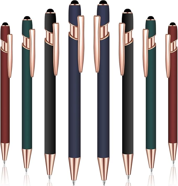 8 Pieces Ballpoint Pen with Stylus Tip Black Ink 2 in 1 Stylus Metal 1.0 mm Medium Point Smooth Pen Rainbow Colorful Rubberized Ballpoint for Touch Screen Tablet(Red, Green, Navy, Black)-CubbioJoy