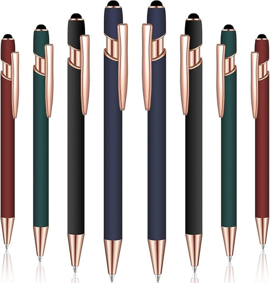 8 Pieces Ballpoint Pen with Stylus Tip Black Ink 2 in 1 Stylus Metal 1.0 mm Medium Point Smooth Pen Rainbow Colorful Rubberized Ballpoint for Touch Screen Tablet(Red, Green, Navy, Black)-CubbioJoy