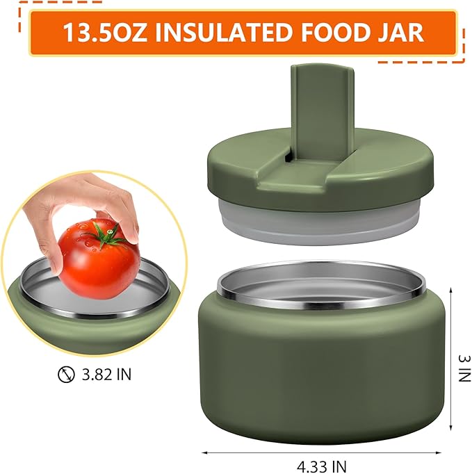 13.5oz Kids Thermos for Hot Food, Insulated Vacuum Food Jar with Buckle Lid, Stainless Steel Wide Mouth Leak Proof Insulated Lunch Container for School Picnic Travel, Green-CubbioJoy