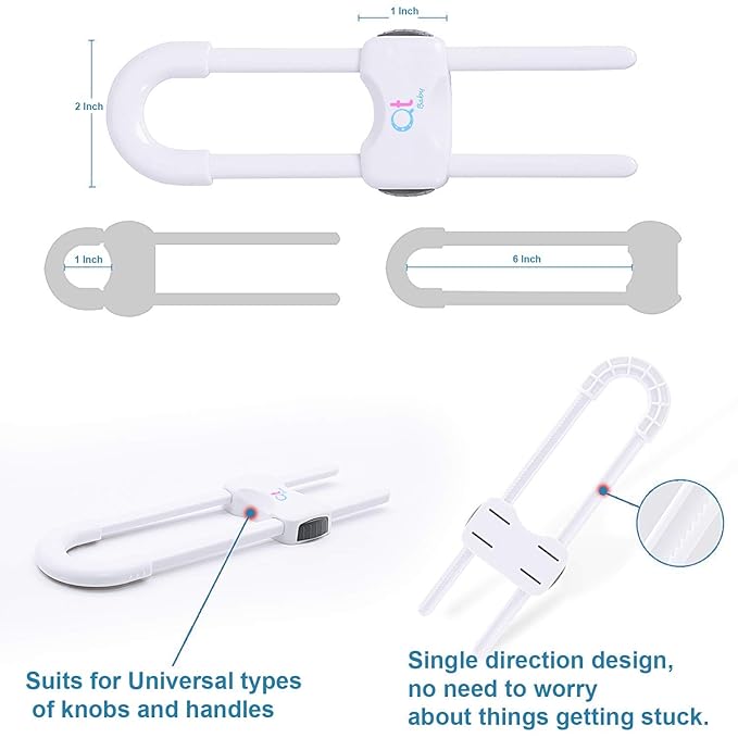 Baby Proofing Cabinet Locks | Adjustable U Shaped Baby Safety Latches for Drawers, Fridge, Closet |Modern Baby Proofing Cabinet Lock with Extra Secure Lock Buttons (Pack of 4, White)-CubbioJoy