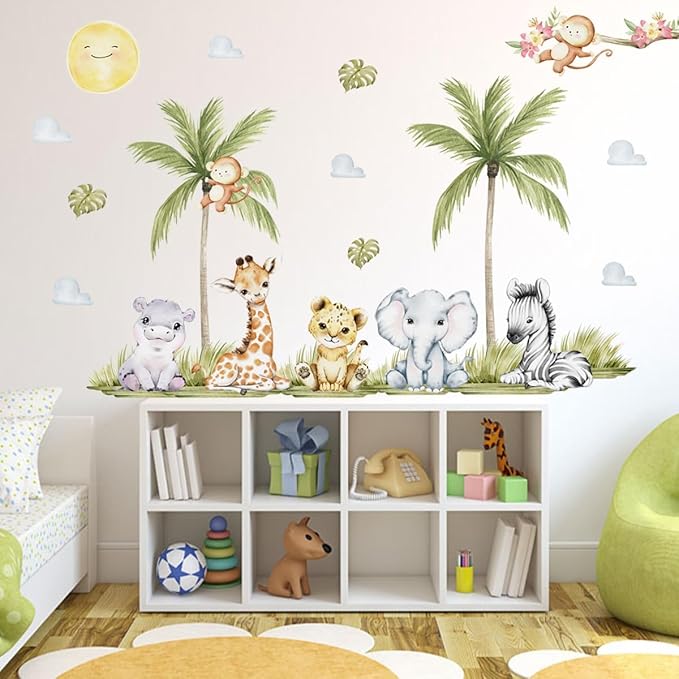 56.29 x 44.88 Inch Watercolor Animal Wall Decals - Jungle Stickers With Tiger, Elephant, Zebra, Giraffe, Monkey, Hippo for Baby Nursery, Bedroom, Classroom, Kindergarten Decor-CubbioJoy