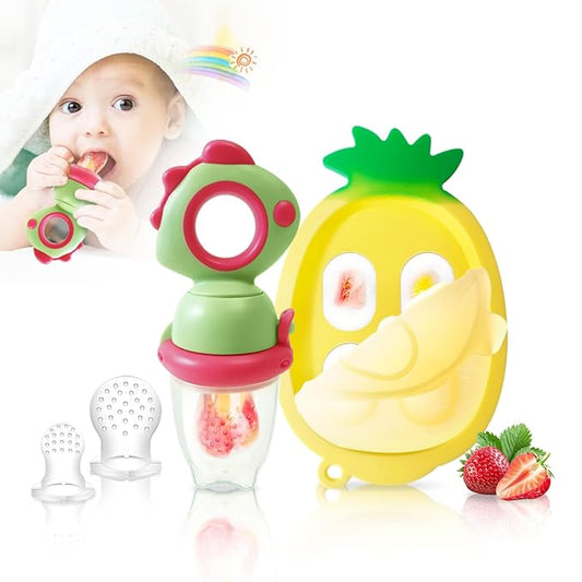 Baby Fruit Food Feeder - Silicone Nibble Tray Combo - Breastmilk Popsicle Mold for Cooling Relief, BPA Free Mesh Feeder for Infant Self Feeding (Dinosaur Green + Pineapple)-CubbioJoy
