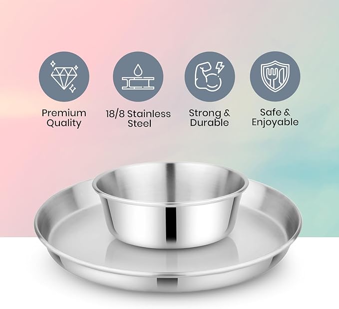 Children's 304 18/8 Stainless Steel Dinnerware Set | 1 Plate (21 cm) and 1 Bowl (10 ounces) | Matte Finish | 100% BPA Free | Non-Toxic | Dishwasher Safe-CubbioJoy
