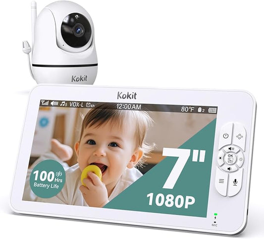 7" 1080P Full HD Video Baby Monitor No WiFi,100 Hrs 5000mAh Battery Runs 4 Days,4X Zoom,Remote 355° Pan-Tilt,2-Way Talk with Temp Alert/Lullabies/VOX-CubbioJoy
