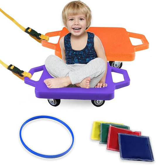 2 Plastic Scooter Boards with Handles for Kids Sitting and Sports Training, with 1 Ring, 2 Ropes and 4 Beanbags, Indoor and Outdoor Play-CubbioJoy