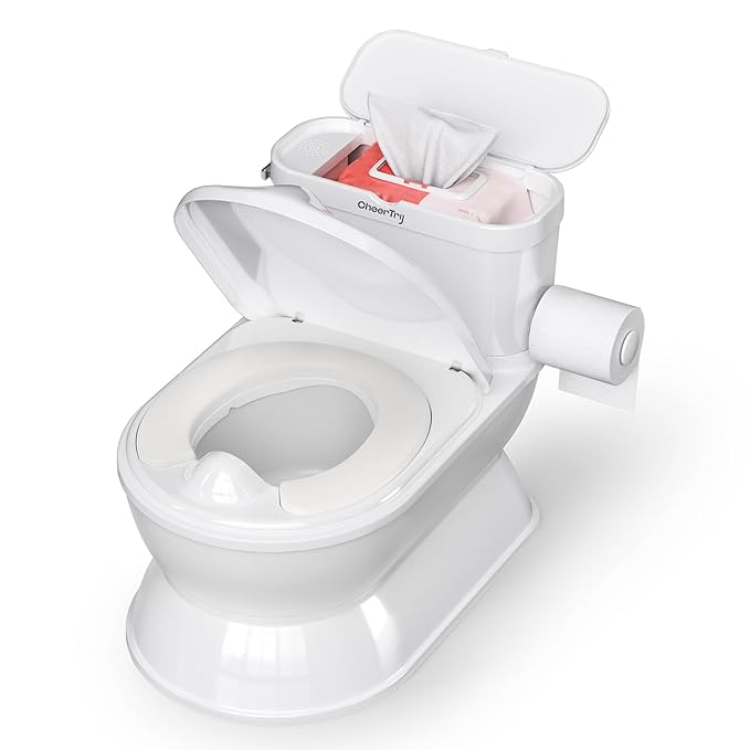 2-in-1 Toddler Potty Training Toilet - Larger Potty Chair & Detachable Training Seat for Boys & Girls Ages 1-3 with Flushing Sound, Wipes Storage, Toilet Paper Holder-CubbioJoy