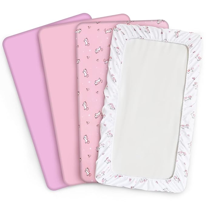 Bassinet Sheet 4 Pack for Baby Girls, Bassinet Sheets Universal Fit for Rectangle, Oval, Hourglass Bassinet Pad/Mattress, Stretchy Bassinet Sheets, Pink Print-CubbioJoy