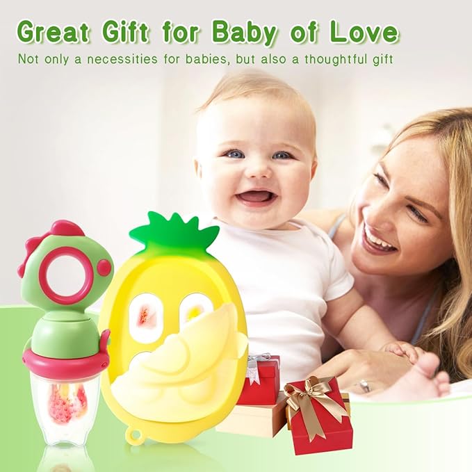 Baby Fruit Food Feeder - Silicone Nibble Tray Combo - Breastmilk Popsicle Mold for Cooling Relief, BPA Free Mesh Feeder for Infant Self Feeding (Dinosaur Green + Pineapple)-CubbioJoy