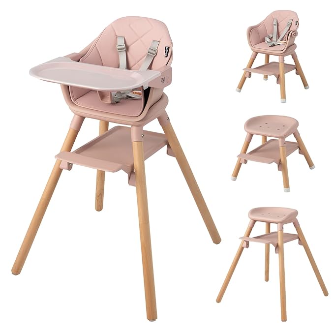 BABY JOY Baby High Chair, 6 in 1 Convertible Wooden High Chair for Babies & Toddlers with Adjustable Legs, Double Removable Tray, Safety Harness & Waterproof PU Cushion (Pink)-CubbioJoy