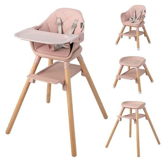 BABY JOY Baby High Chair, 6 in 1 Convertible Wooden High Chair for Babies & Toddlers with Adjustable Legs, Double Removable Tray, Safety Harness & Waterproof PU Cushion (Pink)-CubbioJoy