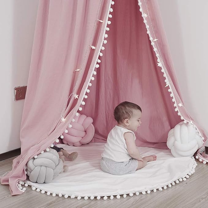 Bed Canopy with Pom Pom for Kids Crib Baby Girl Netting Cover Canopy Crib Curtain Reading Nook Hanging Tent Nursery Play Game Castle Room Decoration (Pink)-CubbioJoy