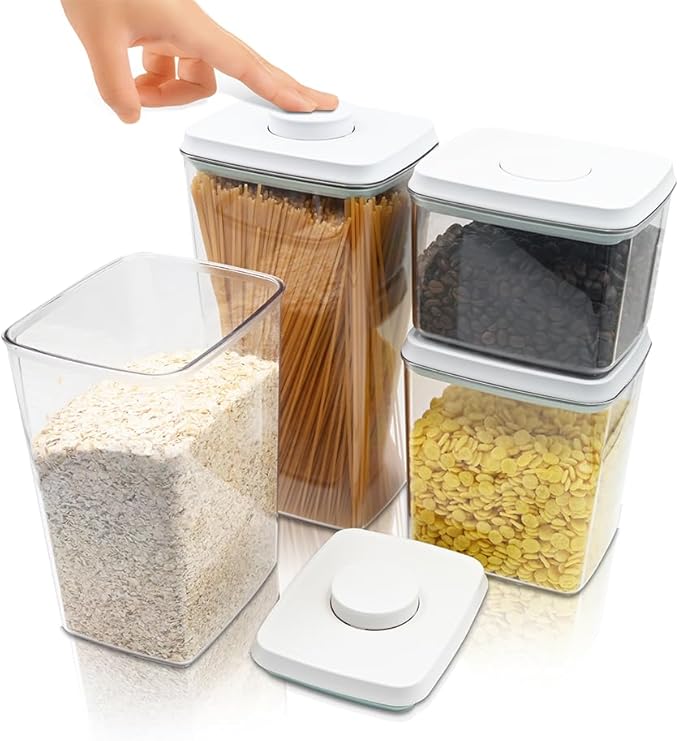 BopTop (4pc Set) Airtight Food Storage Container – Mechanical Silicone Seal Canister - BPA-Free Stackable - 1.3Qt/2.1Qt/2.8Qt/3.5Qt-CubbioJoy