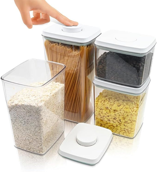 BopTop (4pc Set) Airtight Food Storage Container – Mechanical Silicone Seal Canister - BPA-Free Stackable - 1.3Qt/2.1Qt/2.8Qt/3.5Qt-CubbioJoy