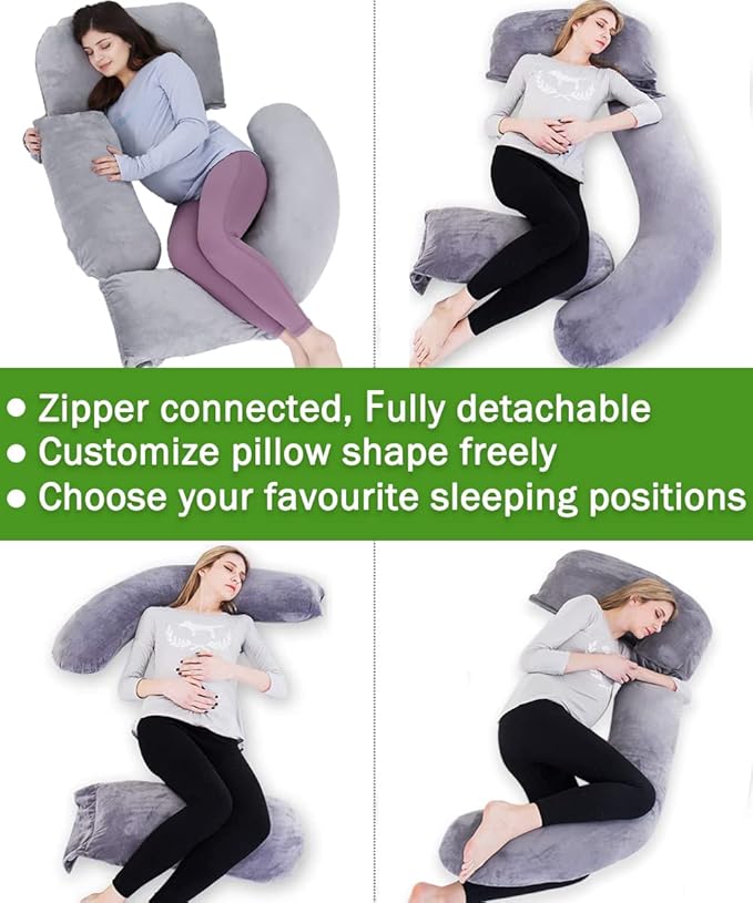 AS AWESLING 60in Full Body Pillow | Nursing, Maternity and Pregnancy Pillow | Extra Large U Shape Pillows with Detachable Side, Separate Support Pillow and Removable Cover (Velvet and Jersey Grey)-CubbioJoy