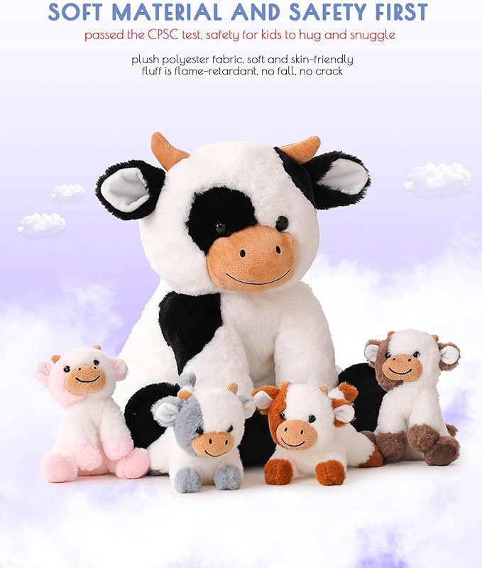 5 Pieces Cow Stuffed Animals for Boys Girls, 1 Mommy Cow with 4 Babies Soft Plush Toy Set Gifts for Kids Children 3 4 5 6 7 8 9 Years, Christmas, Birthday, Party Decorations-CubbioJoy