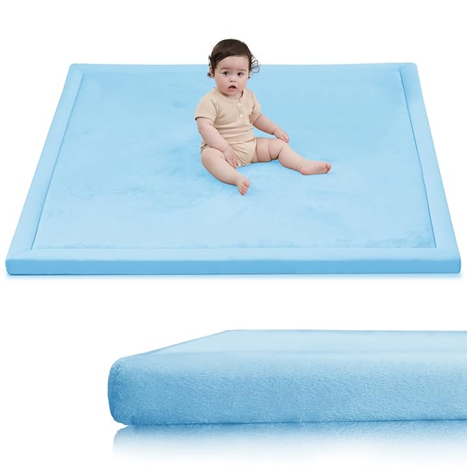 Baby Play Mat for Floor,1.3" Thick Elasti-Foam 50x50 Playpen Mat for Toddlers Infant kids,Water-Repellent Soft Coral Velvet for Tummy Time,Non-Slip Backing for Crawling,Tatami Style(Light Blue)-CubbioJoy