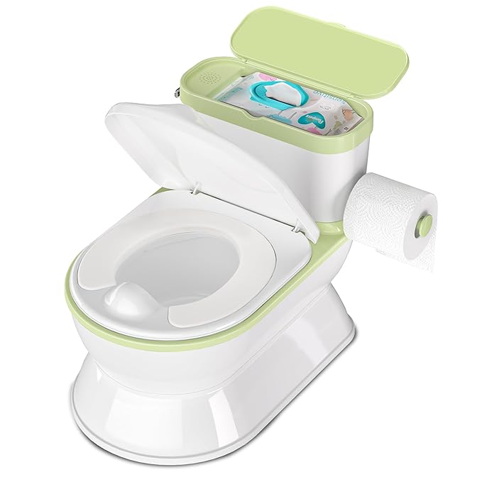 2-in-1 Toddler Potty Training Toilet - Larger Potty Chair & Detachable Training Seat for Boys & Girls Ages 1-3 with Flushing Sound, Wipes Storage, Toilet Paper Holder - Green-CubbioJoy