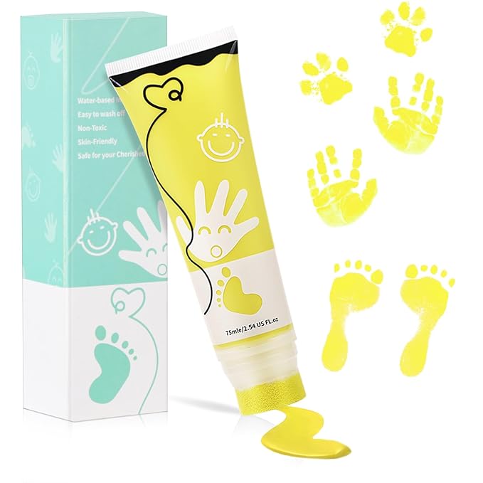 75ml Yellow Baby Hand and Footprint Ink Kit, Baby Handprint Footprint Paint for Newborn Keepsake, Dog Cat Paw Print Kit, Washable, Non Toxic Acid-Free, Safe Gentle for Ideal New Mom Gifts-CubbioJoy