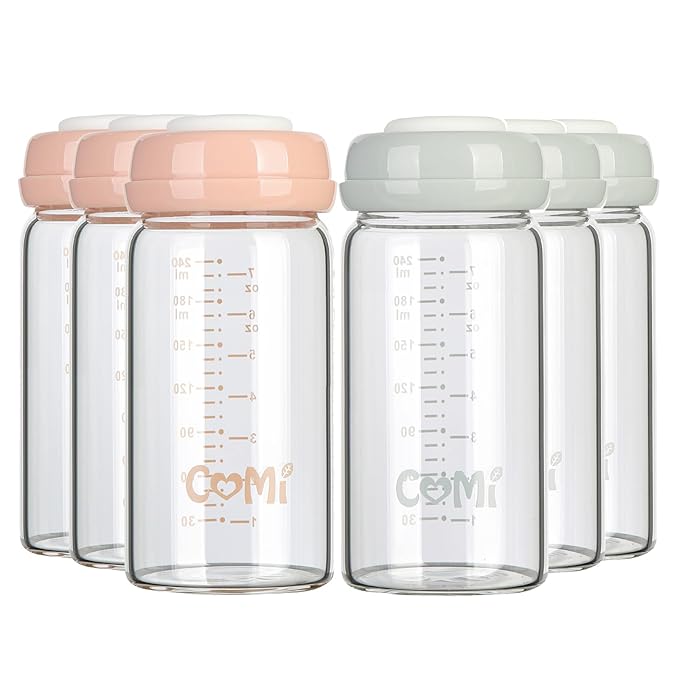 COMI Wide Neck Glass Breastmilk Collection n Storage Bottle, 6 Packs, 8oz with Screw Ring Sealing Disk; Re-markable Sealing Disc. BPA Free, Fits Breast Pumps & Nipples (3 Gray Lids + 3 Pink Lids)-CubbioJoy
