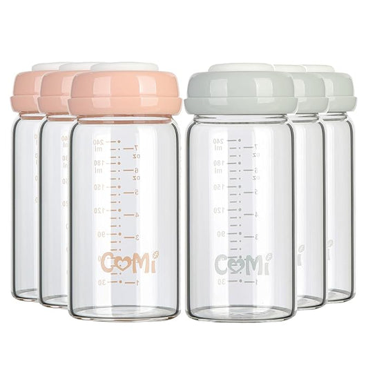COMI Wide Neck Glass Breastmilk Collection n Storage Bottle, 6 Packs, 8oz with Screw Ring Sealing Disk; Re-markable Sealing Disc. BPA Free, Fits Breast Pumps & Nipples (3 Gray Lids + 3 Pink Lids)-CubbioJoy