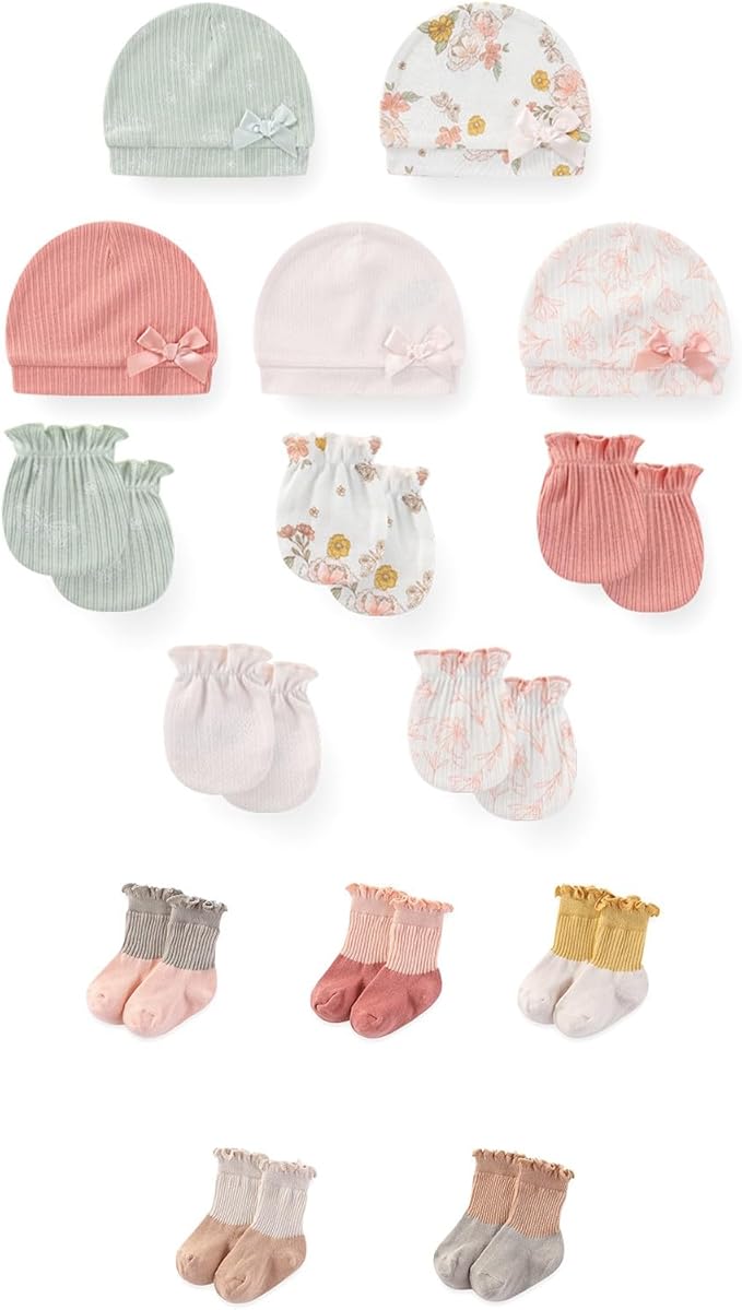 15 Pack Unisex New Born Boy Girls No Scratch Mittens Sets Cotton Soft Baby Gloves Hats socks Accessory 0-6 Months-CubbioJoy