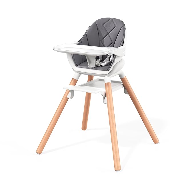 Baby High Chair, Highchair for Baby & Toddler, Easy Clean Infant Highchair, 6 in 1 Feeding High Chair with Removable Double Tray and Waterproof PU Cushion, Wooden Legs, Grey-CubbioJoy